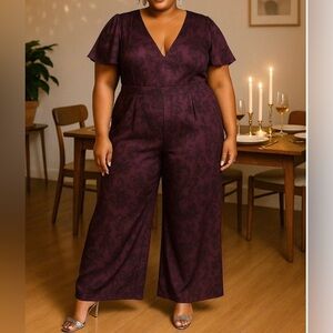 Torrid Plum Floral Lace Print Flutter Sleeve Wide Leg Jumpsuit Size 2